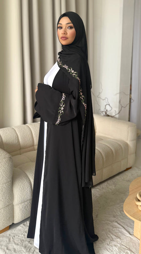 black abaya with floral embroidery