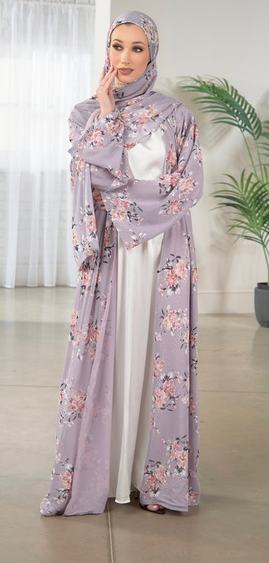Lilac Floral Abaya With Matching Hijab
