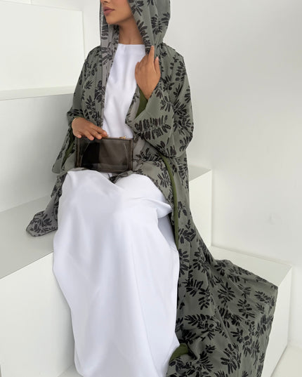 green chiffon print abaya with matching hijab