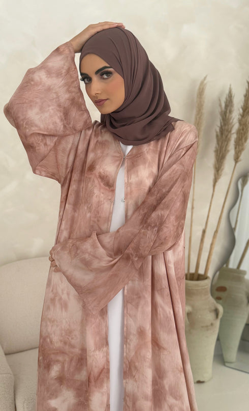 pink ombre tie dye open abaya with buttons 