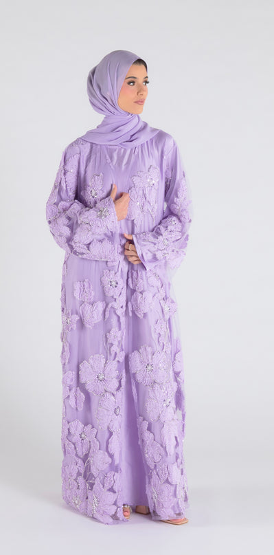 Sofina Floral Net Abaya Set (Slip Dress and Hijab included) LAVENDER - Limited Edition