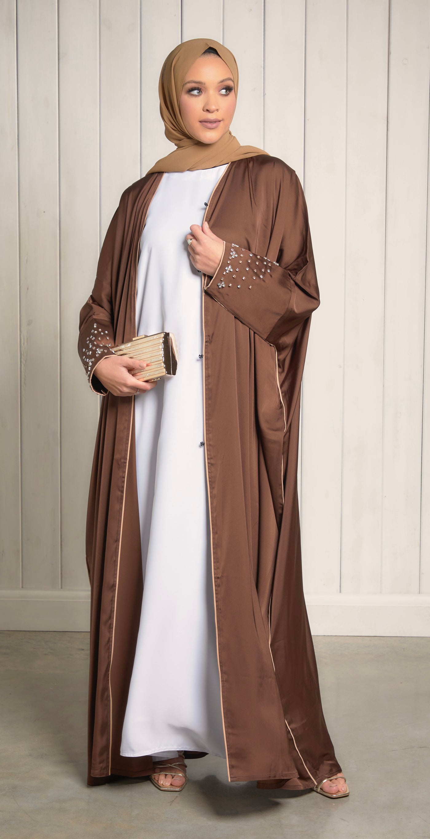 Mocha Batwing Abaya with Studded Sleeves