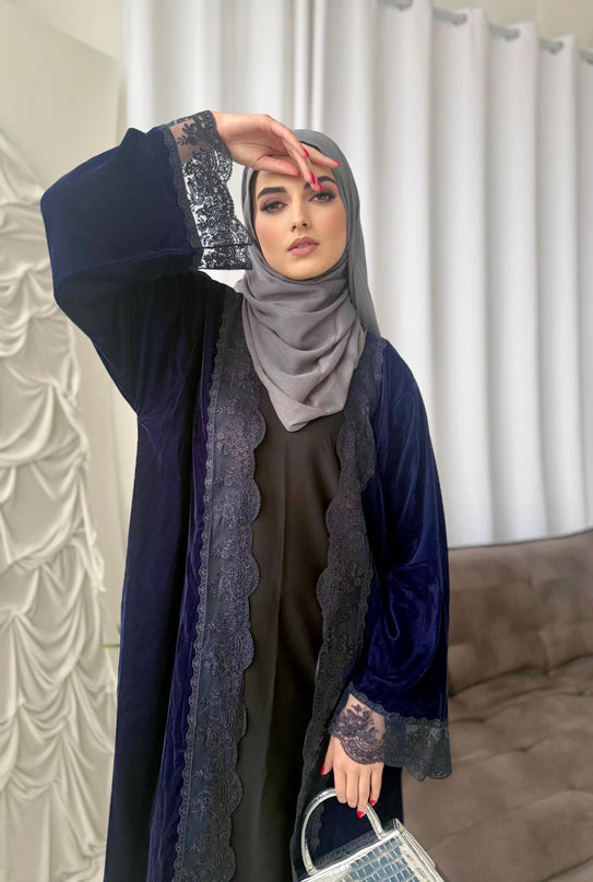 Navy Velvet Lace Abaya
