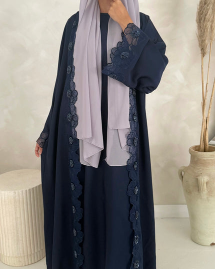 navy abaya with floral lace border