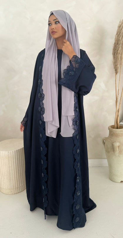 navy abaya with floral lace border