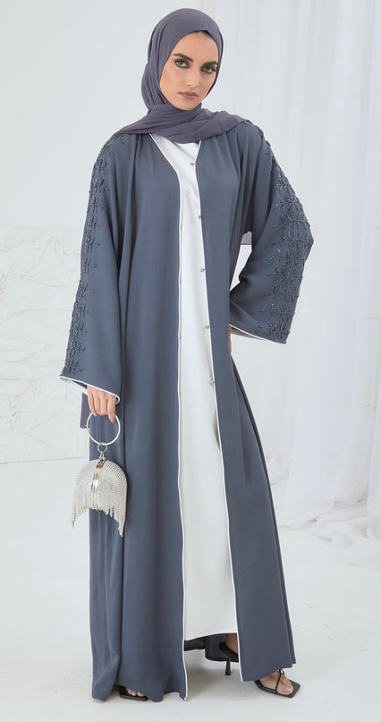 grey blue linen abaya
