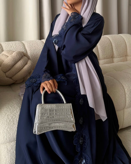 navy abaya with floral lace border