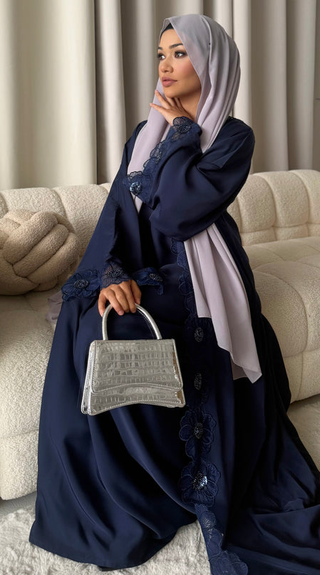 navy abaya with floral lace border
