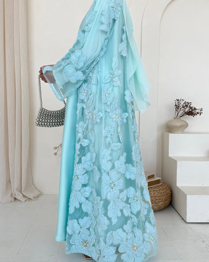 Sofina Floral Net Abaya Set (Slip Dress and Hijab included) TURQUOISE - Limited Edition
