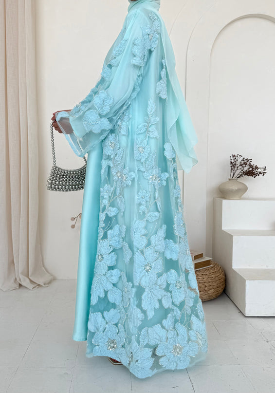 Sofina Floral Net Abaya Set (Slip Dress and Hijab included) TURQUOISE - Limited Edition