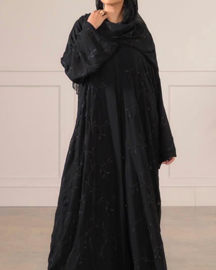 Leaf Embroidered Abaya With Matching Hijab - Black