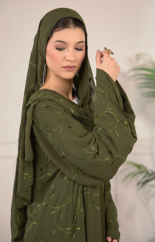 Leaf Embroidered Abaya With Matching Hijab - Forest Green
