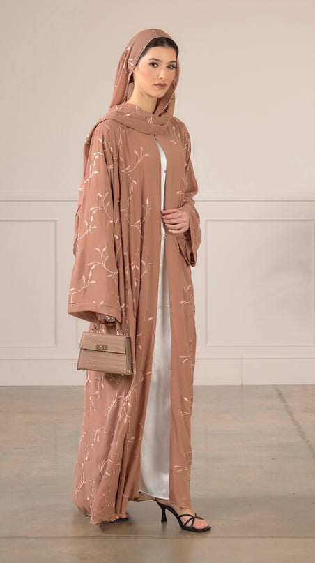 Leaf Embroidered Abaya With Matching Hijab - Camel
