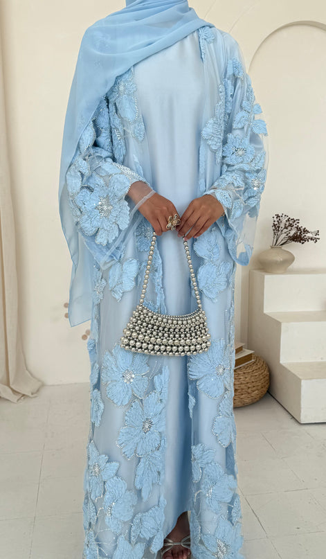 Sofina Floral Net Abaya Set (Slip Dress and Hijab included) SKY BLUE - Limited Edition