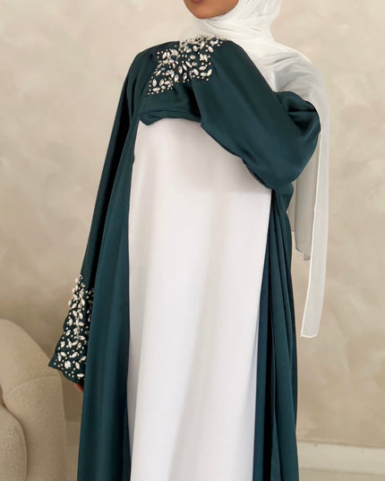 teal abaya with slitted stone embellished sleeves