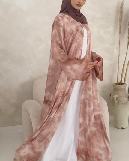 pink ombre tie dye open abaya with buttons 