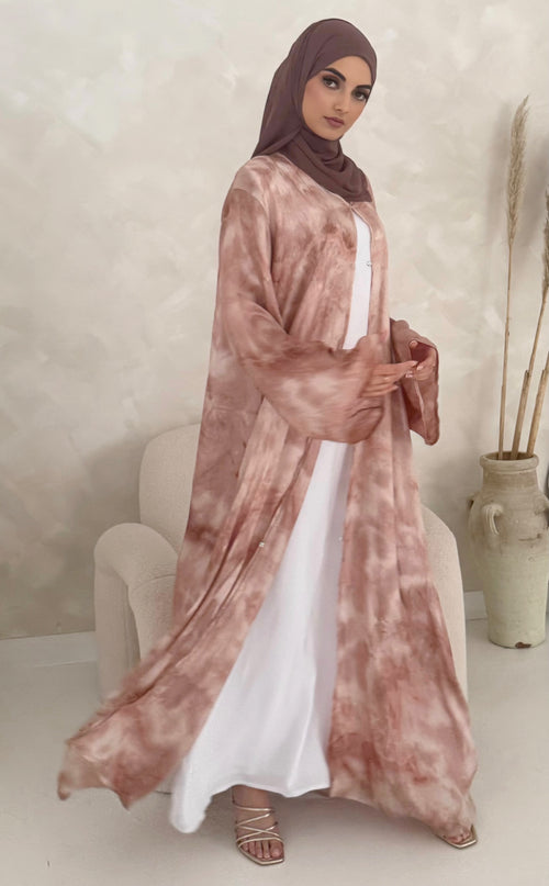 pink ombre tie dye open abaya with buttons 