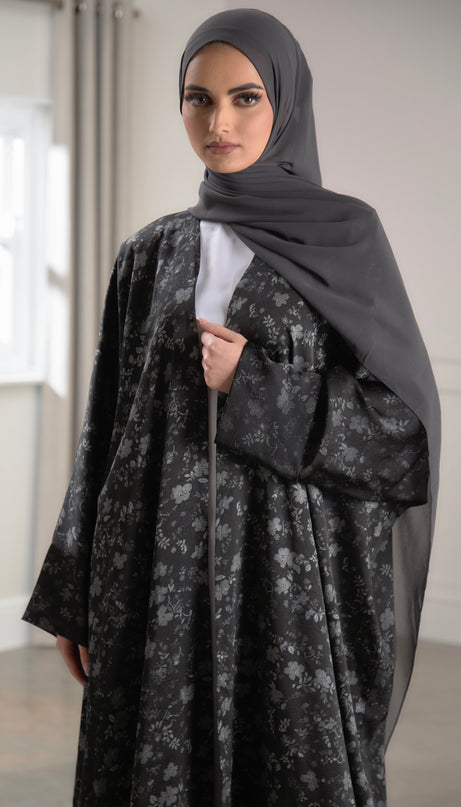 batwing silver floral abaya
