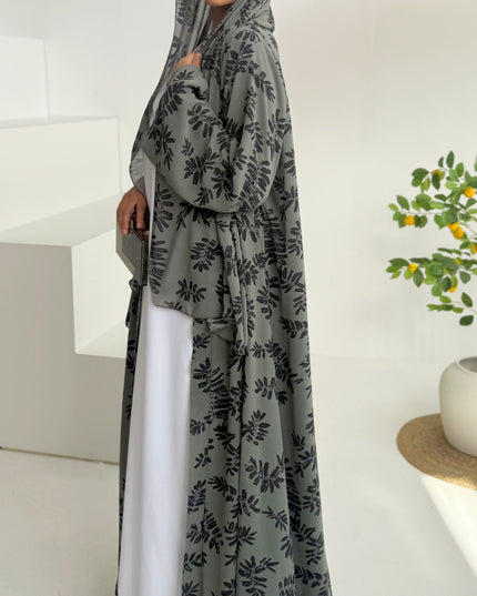 green chiffon print abaya with matching hijab