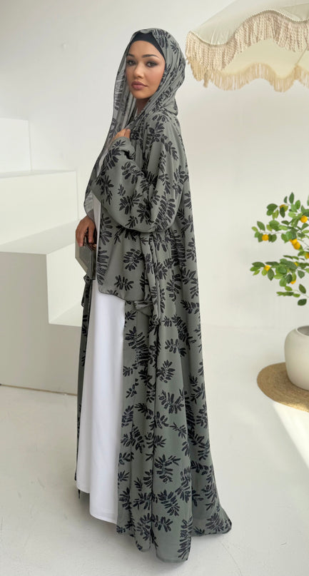 green chiffon print abaya with matching hijab
