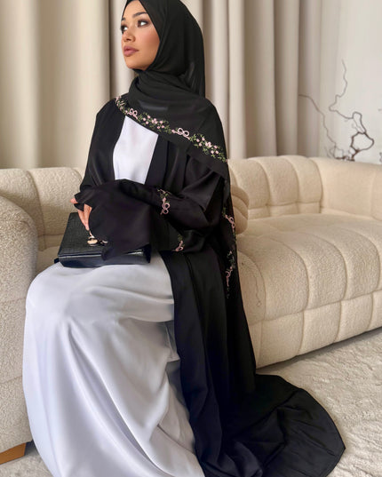 black abaya with floral embroidery