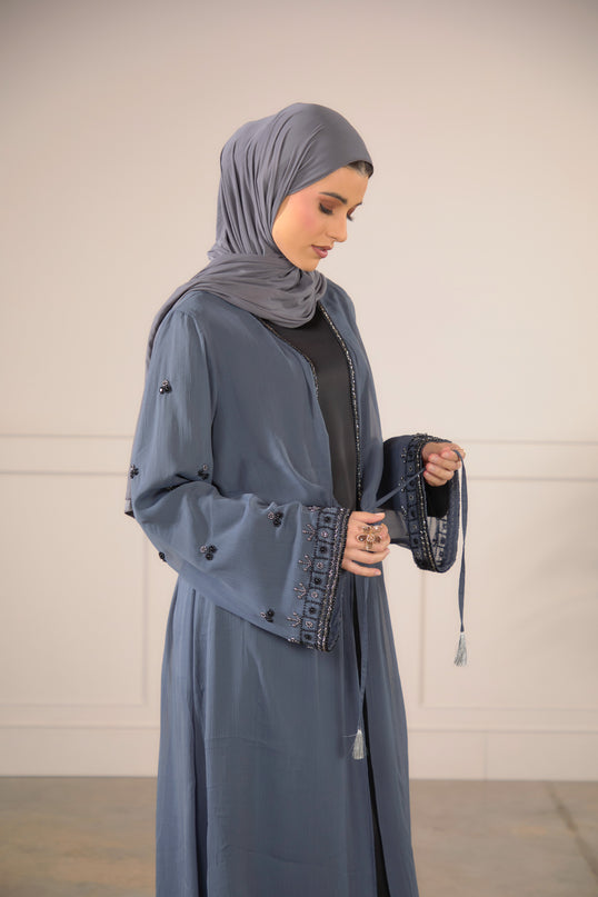 Chiffon Embellished Abaya - Grey