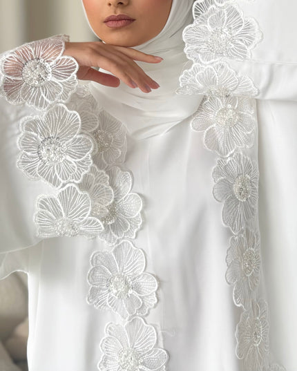 white abaya with floral lace border