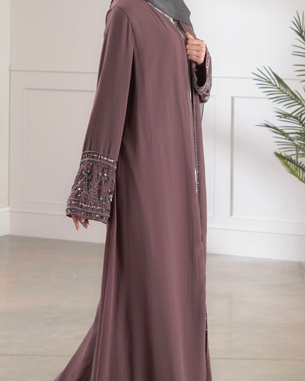 mauve embellished sleeve abaya