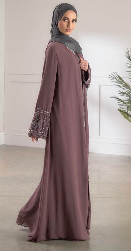 mauve embellished sleeve abaya