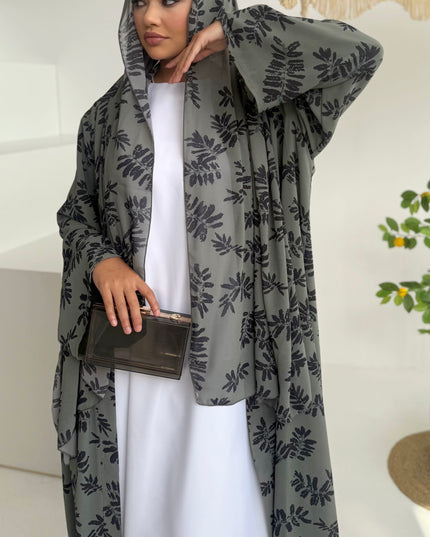 green chiffon print abaya with matching hijab
