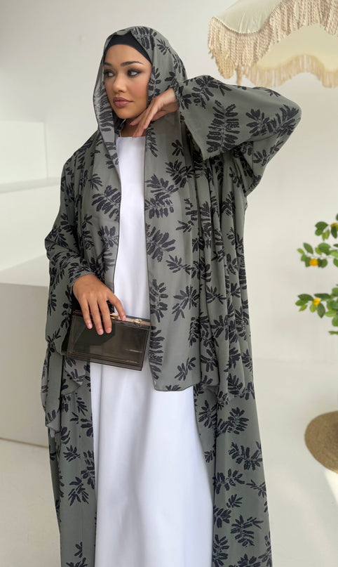 green chiffon print abaya with matching hijab