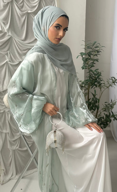 mint abaya with silver embellishments