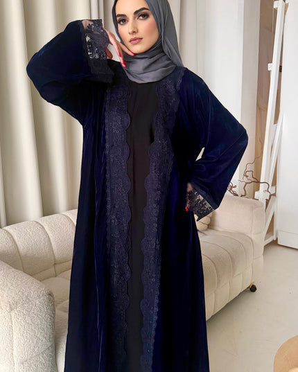 Navy Velvet Lace Abaya