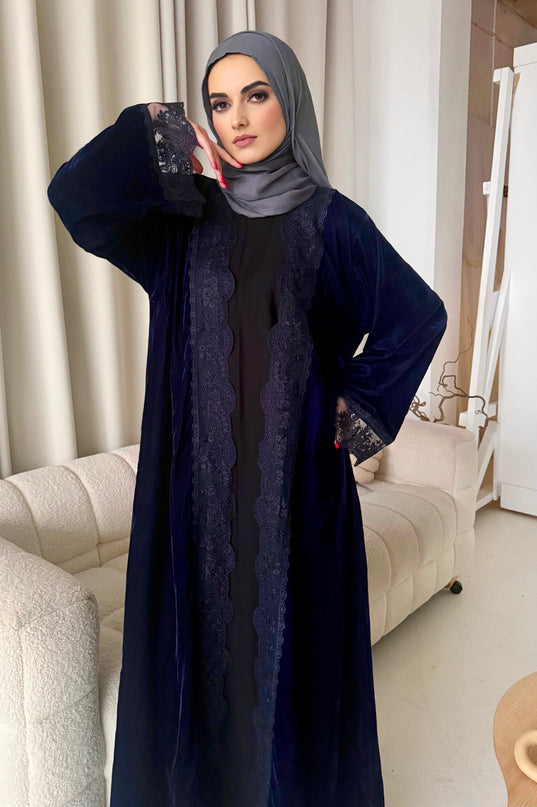 Navy Velvet Lace Abaya