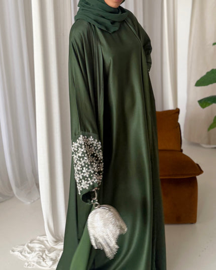 olive abaya with stone embellished sleeves