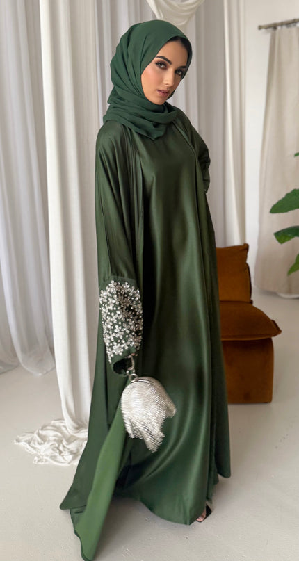 olive abaya with stone embellished sleeves