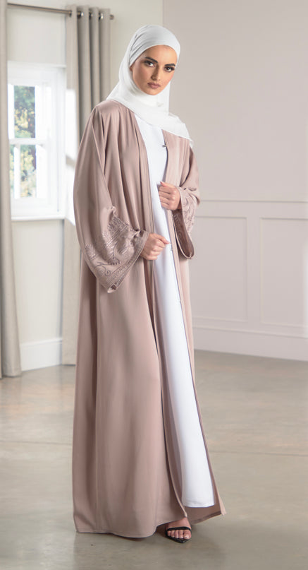 pastel pink embroidered abaya