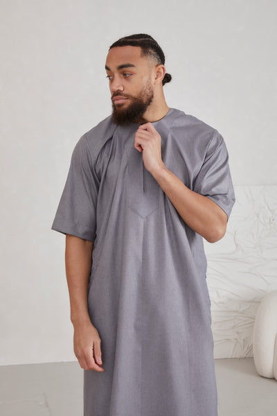 Men's Short Sleeve Linen Thobe - Grey