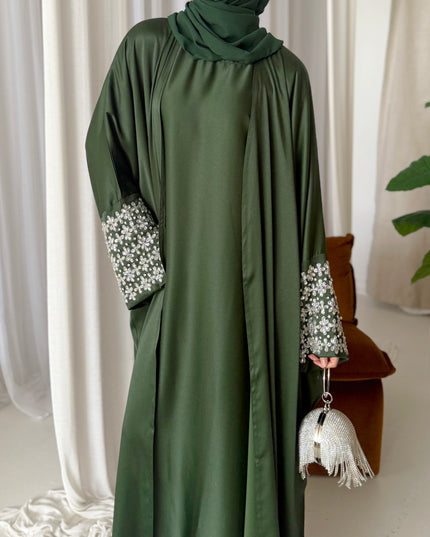 olive abaya with stone embellished sleeves