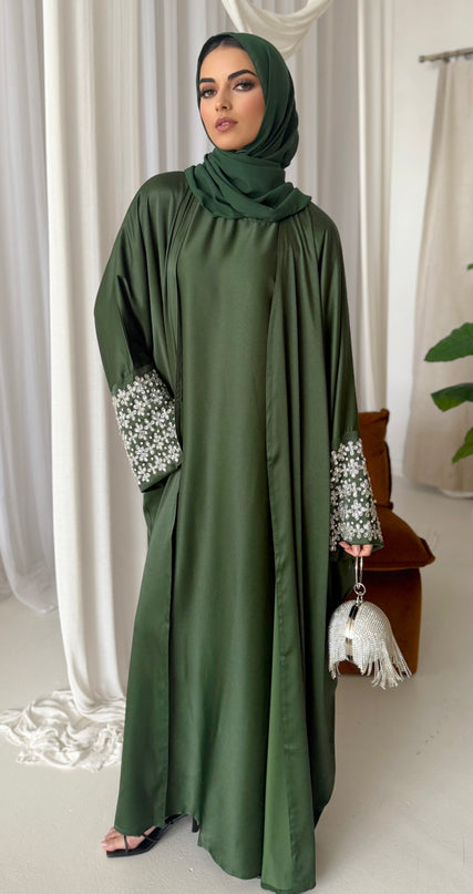 olive abaya with stone embellished sleeves