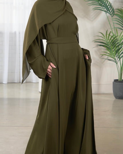 Casual Abaya with Pockets and Matching Hijab - Forest Green