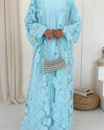 Sofina Floral Net Abaya Set (Slip Dress and Hijab included) TURQUOISE - Limited Edition