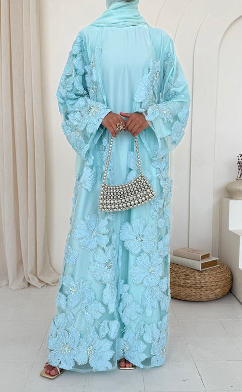 Sofina Floral Net Abaya Set (Slip Dress and Hijab included) TURQUOISE - Limited Edition