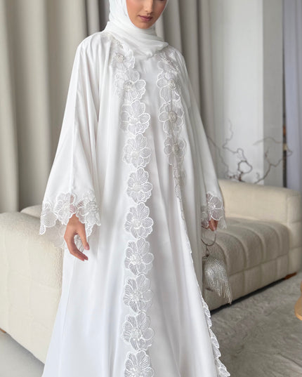 white abaya with floral lace border