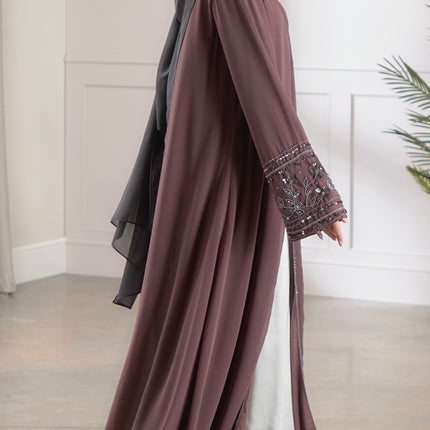 mauve embellished sleeve abaya