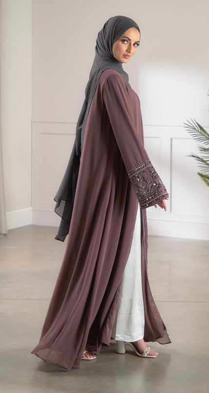 mauve embellished sleeve abaya