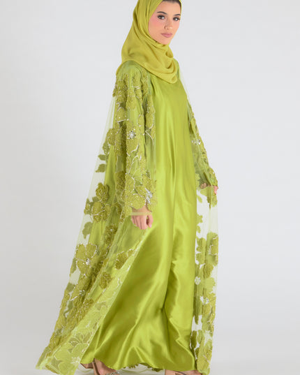Sofina Floral Net Abaya Set (Slip Dress and Hijab included) NEON GREEN - Limited Edition