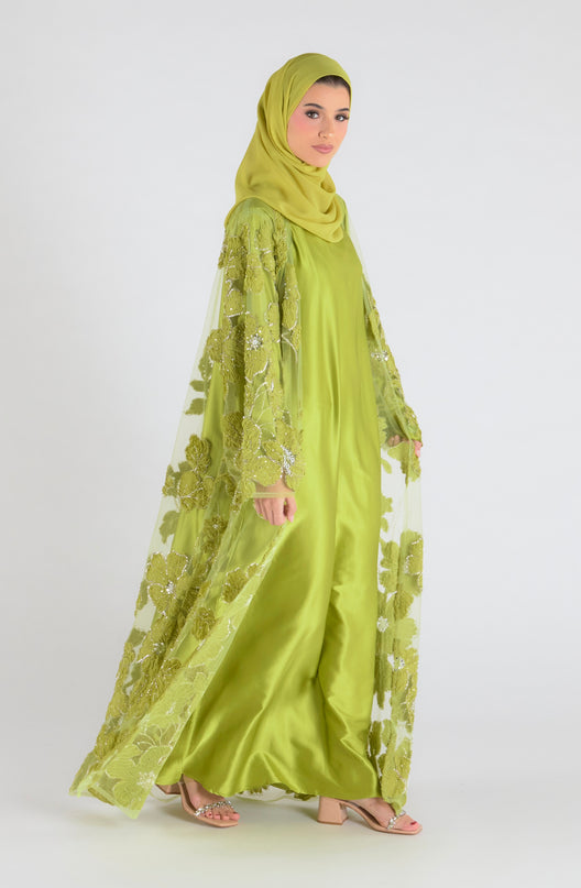 Sofina Floral Net Abaya Set (Slip Dress and Hijab included) NEON GREEN - Limited Edition