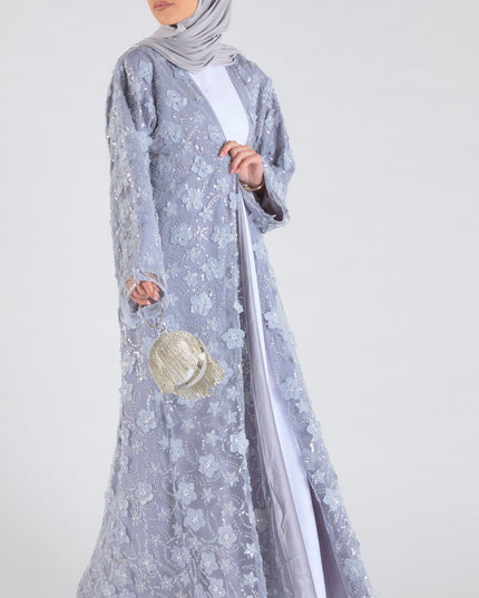Grey Floral Net Abaya - Limited Edition