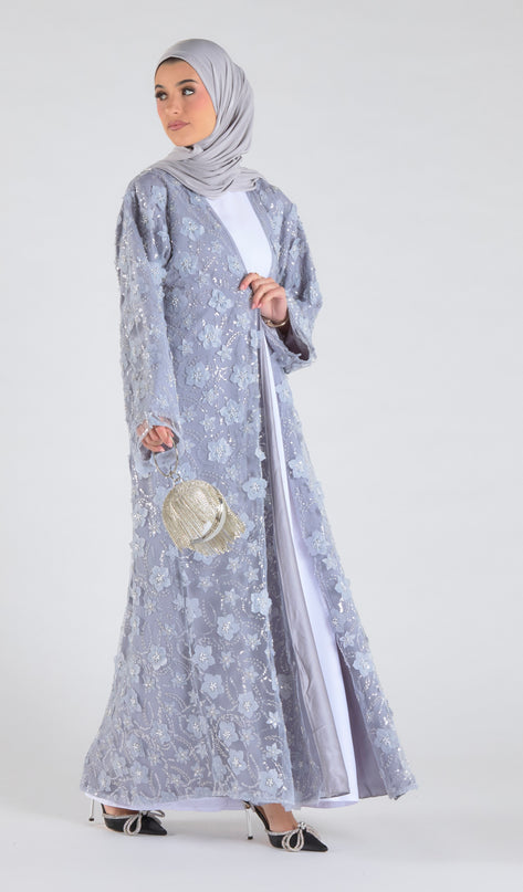 Grey Floral Net Abaya - Limited Edition